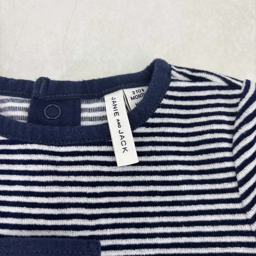 Janie‎ & Jack Velvet Striped One Piece Romper Size 3/6 Months Boys Bear Pocket